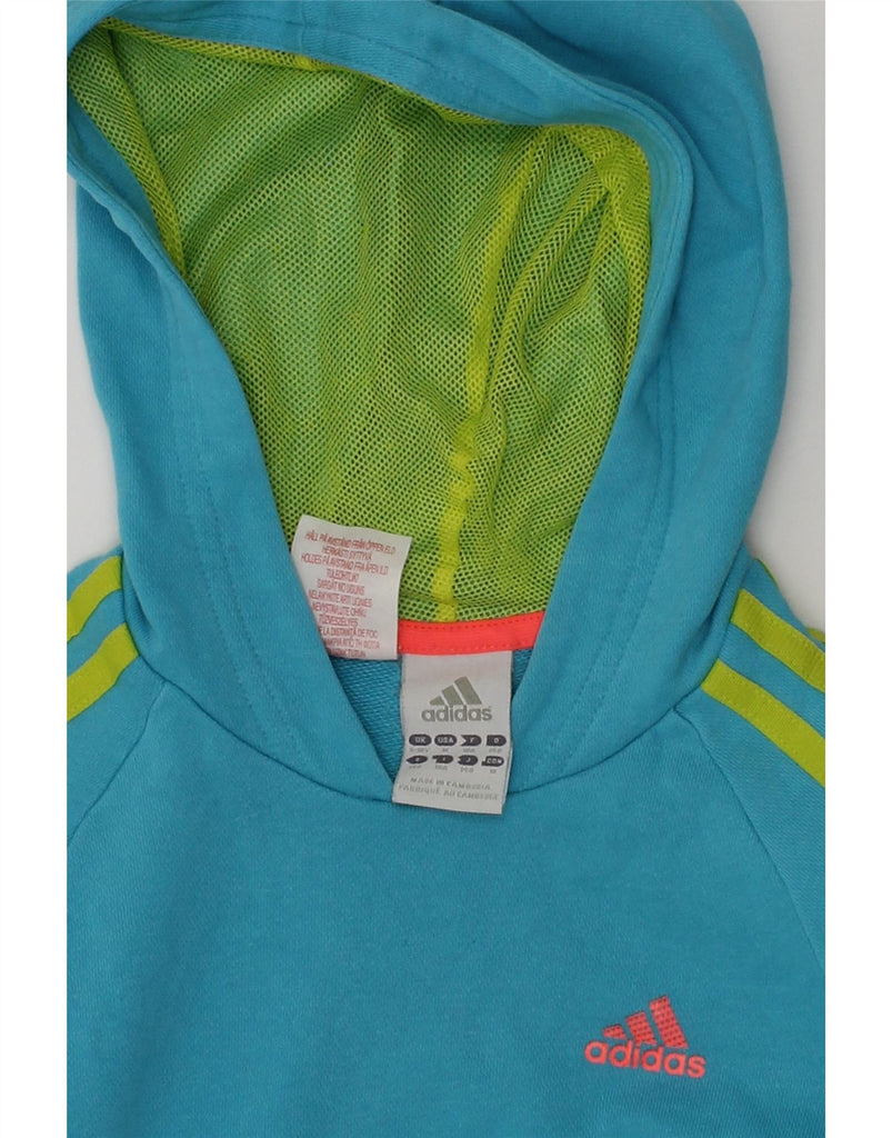 ADIDAS Girls Hoodie Jumper 9-10 Years Blue Colourblock Cotton | Vintage Adidas | Thrift | Second-Hand Adidas | Used Clothing | Messina Hembry 