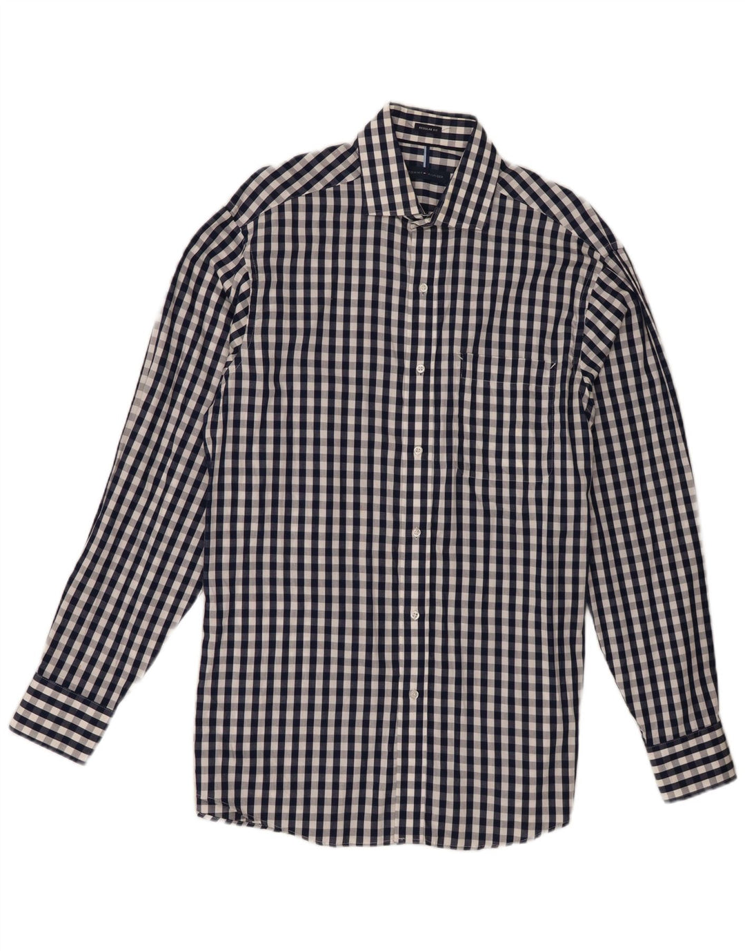 Tommy Hilfiger Mens Regular Fit Shirt Size 15 1/2 Medium Navy Blue Gingham