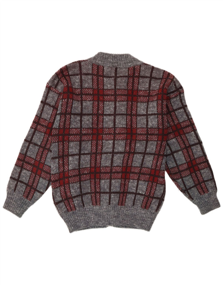 Vintage Mens Cardigan Sweater Medium Grey Plaid Acrylic