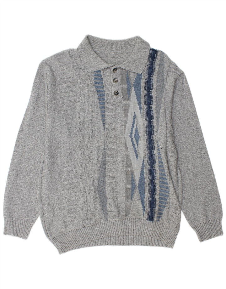 Vintage Mens Polo Neck Jumper Sweater Medium Grey Geometric