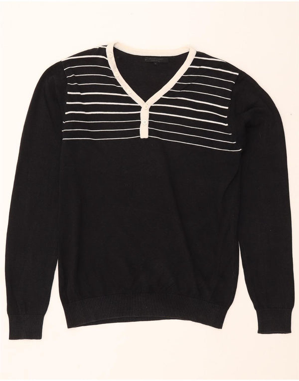JACK & JONES Mens V-Neck Jumper Sweater Large Black Striped