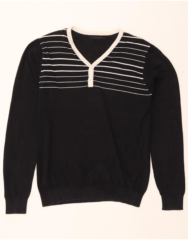 JACK & JONES Mens V-Neck Jumper Sweater Large Black Striped