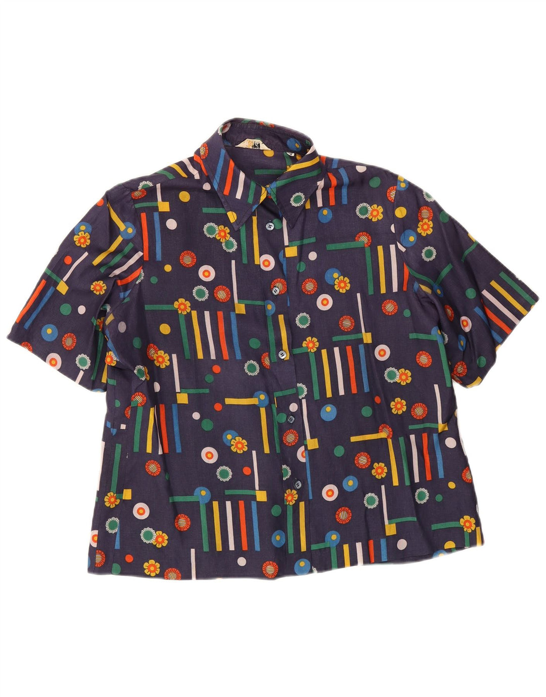 Vintage Womens Short Sleeve Shirt UK 14 Medium Navy Blue Geometric