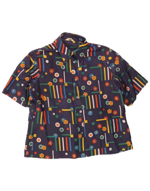 Vintage Womens Short Sleeve Shirt UK 14 Medium Navy Blue Geometric