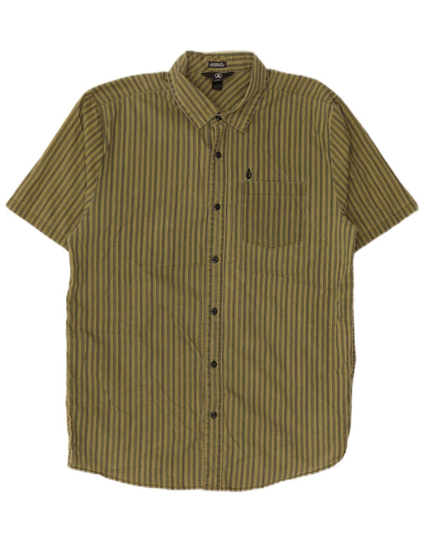 Volcom Mens Classic Fit Short Sleeve Shirt Medium Khaki Striped Cotton