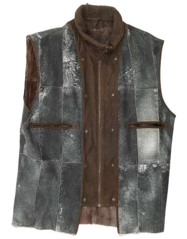 REIHER Mens Shearling Liner Leather Gilet EU 54 2XL Grey Patchwork Leather