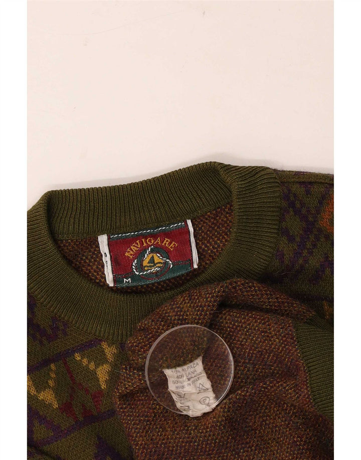 Navigare Mens Crew Neck Jumper Sweater Medium Khaki Geometric Wool