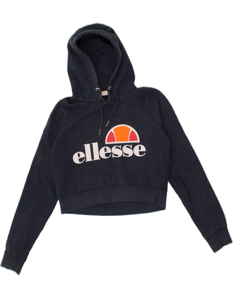 ELLESSE Womens Graphic Crop Hoodie Jumper UK 8 Small Navy Blue Cotton | Vintage Ellesse | Thrift | Second-Hand Ellesse | Used Clothing | Messina Hembry 