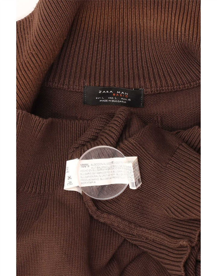 Zara Mens Cardigan Sweater Large Brown Cotton