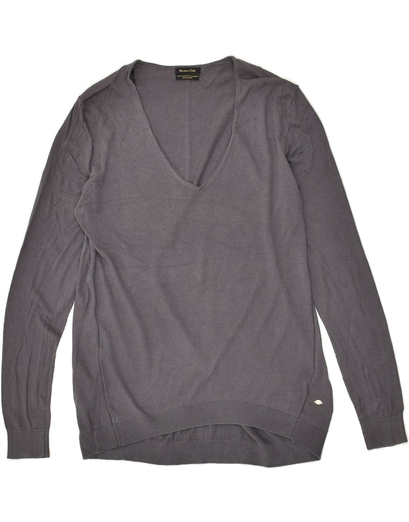 MASSIMO DUTTI Womens V-Neck Jumper Sweater UK 16 Large Grey Silk | Vintage Massimo Dutti | Thrift | Second-Hand Massimo Dutti | Used Clothing | Messina Hembry 