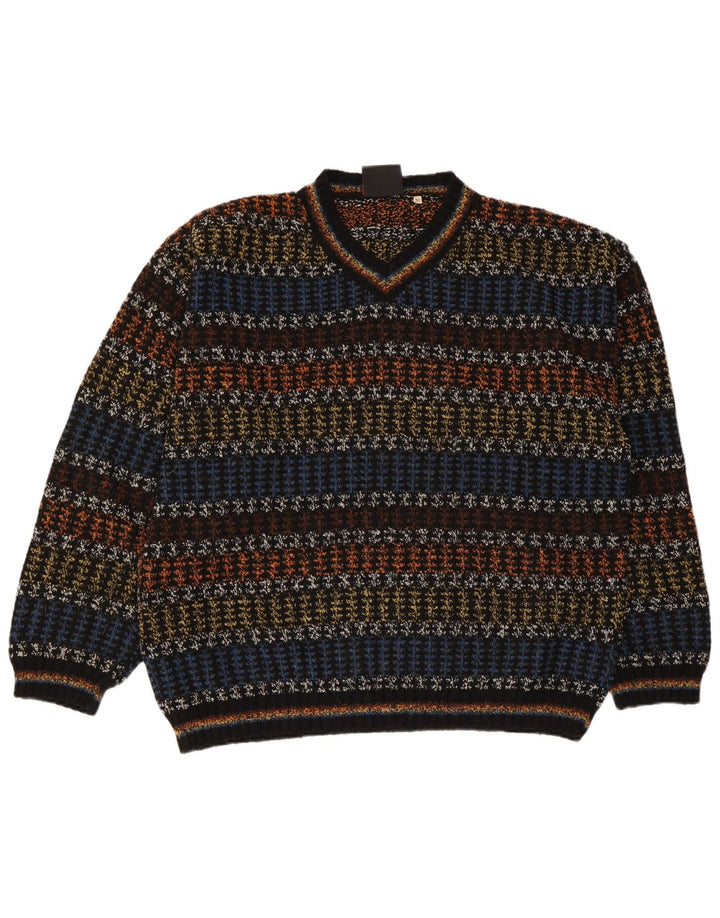 Oxymel Mens V-Neck Jumper Sweater Medium Multicoloured Striped Wool