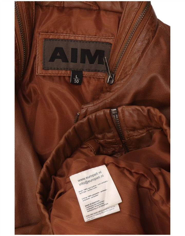 AIM Mens Bomber Leather Jacket EU 50 Large Brown Leather
