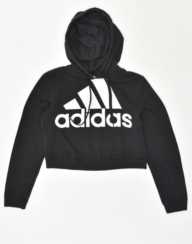 ADIDAS Womens Crop Graphic Hoodie Jumper UK 8-10 Small Black Cotton | Vintage Adidas | Thrift | Second-Hand Adidas | Used Clothing | Messina Hembry 