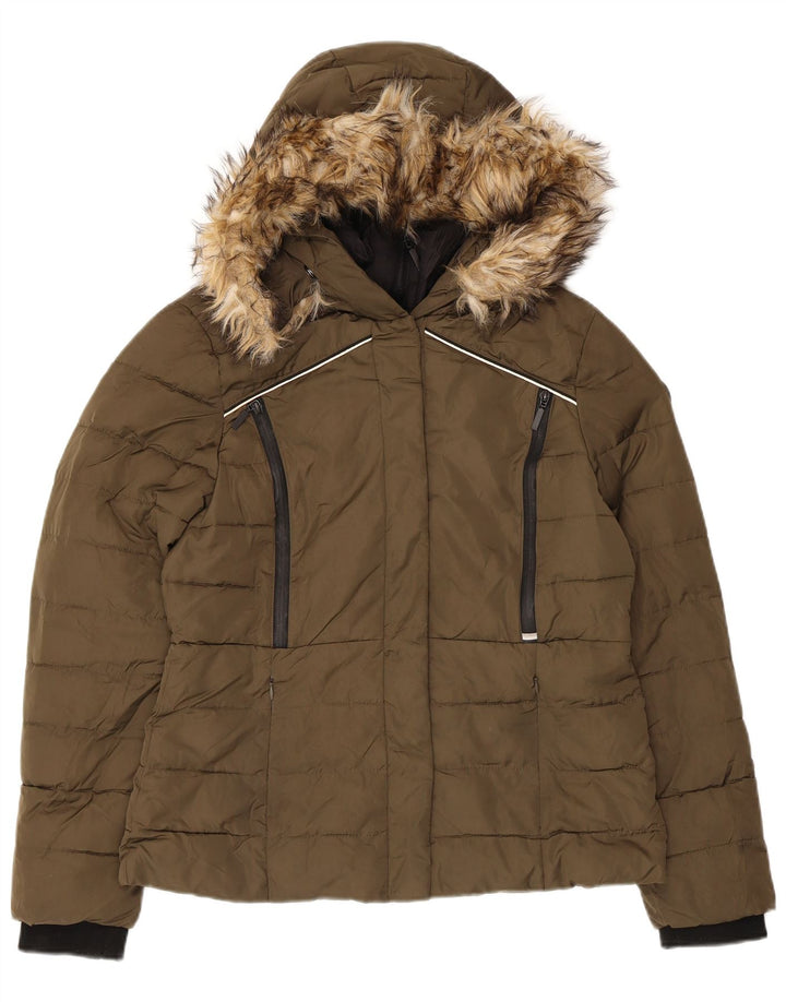 Superdry Womens Hooded Padded Jacket UK 12 Medium Khaki Polyester