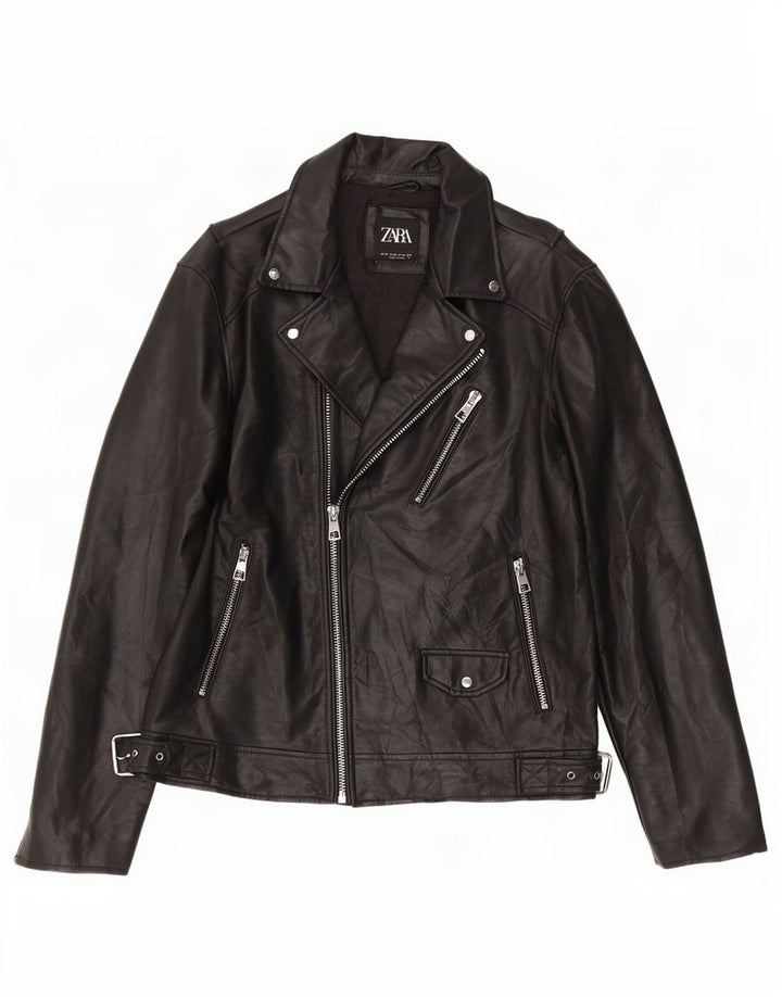 Zara Mens Faux Leather Biker Jacket UK 42 XL Black Polyurethane