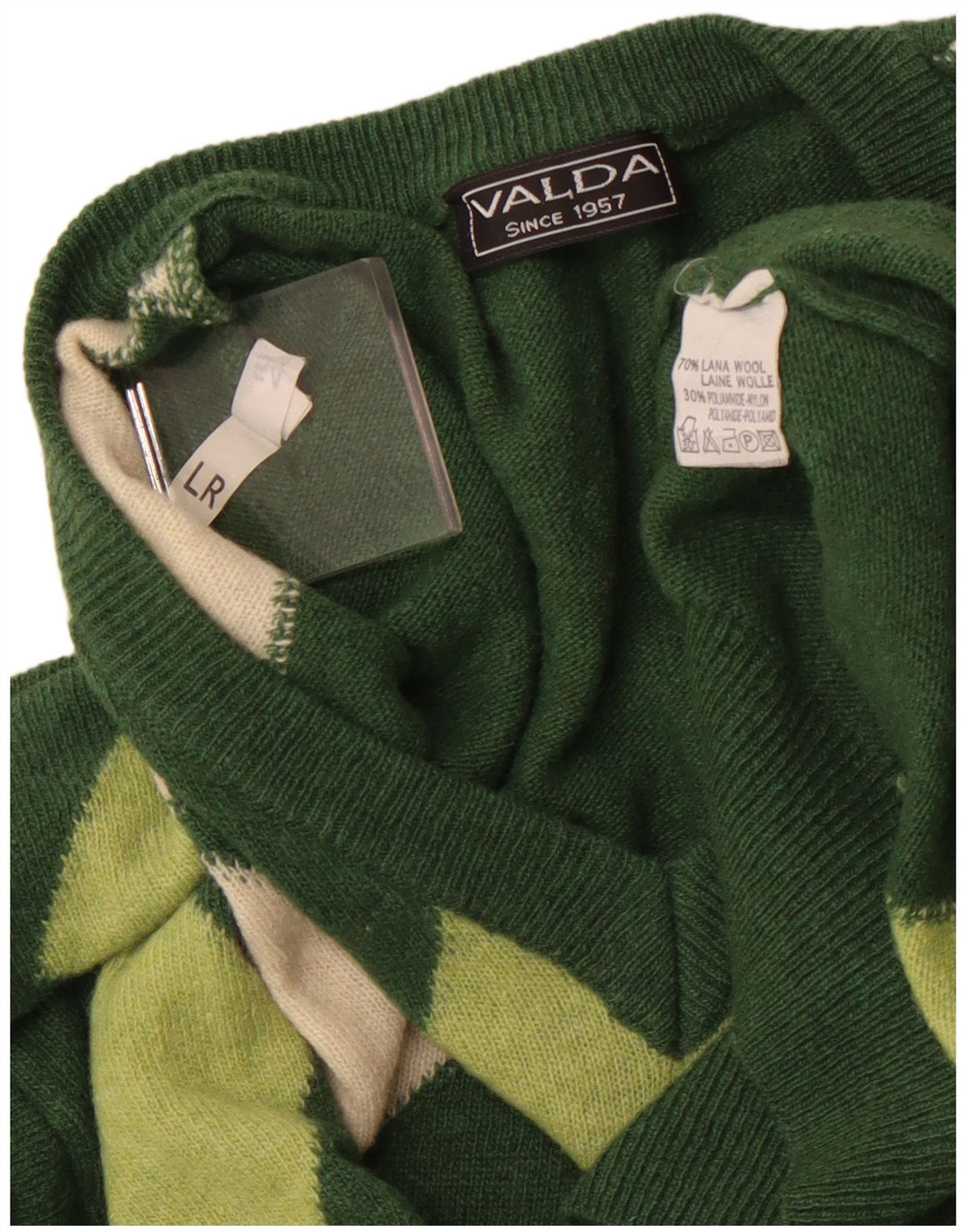 VALDA Mens V-Neck Jumper Sweater Large Green Argyle/Diamond Wool