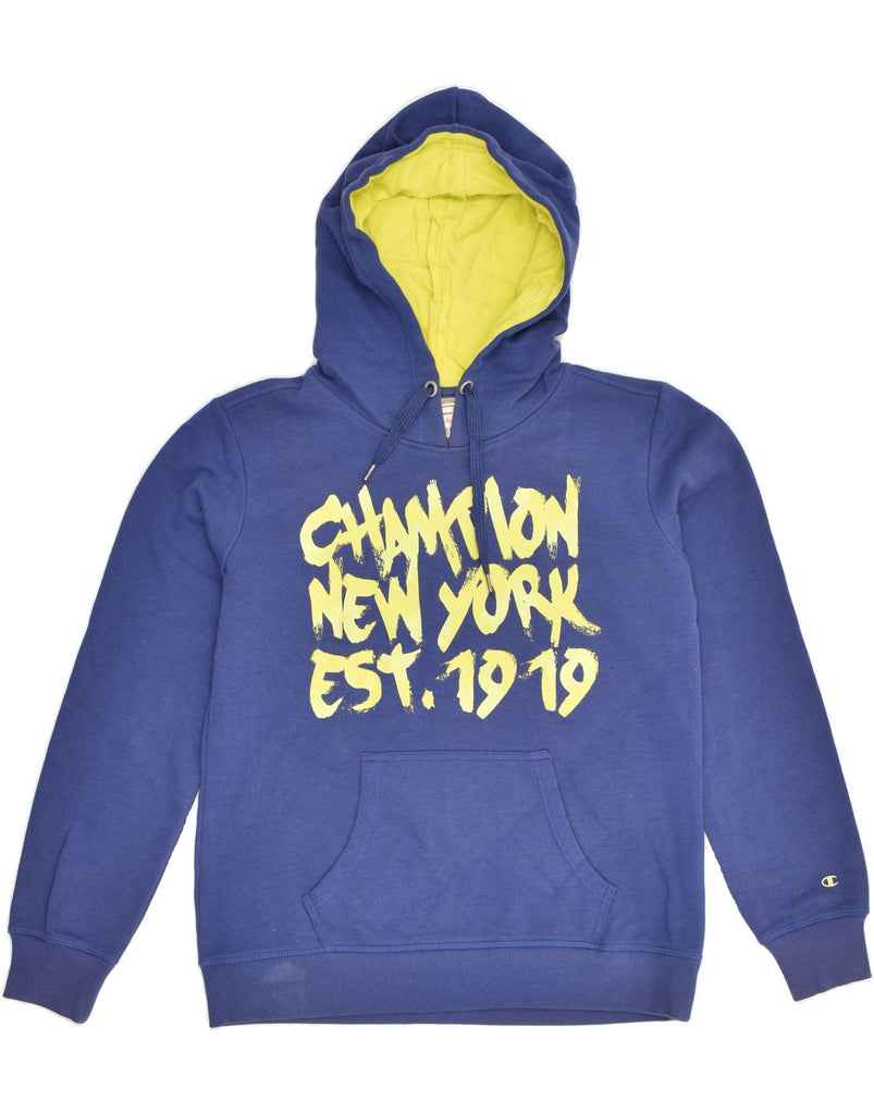 CHAMPION Womens Heritage Fit Graphic Hoodie Jumper UK 12 Medium Blue | Vintage Champion | Thrift | Second-Hand Champion | Used Clothing | Messina Hembry 