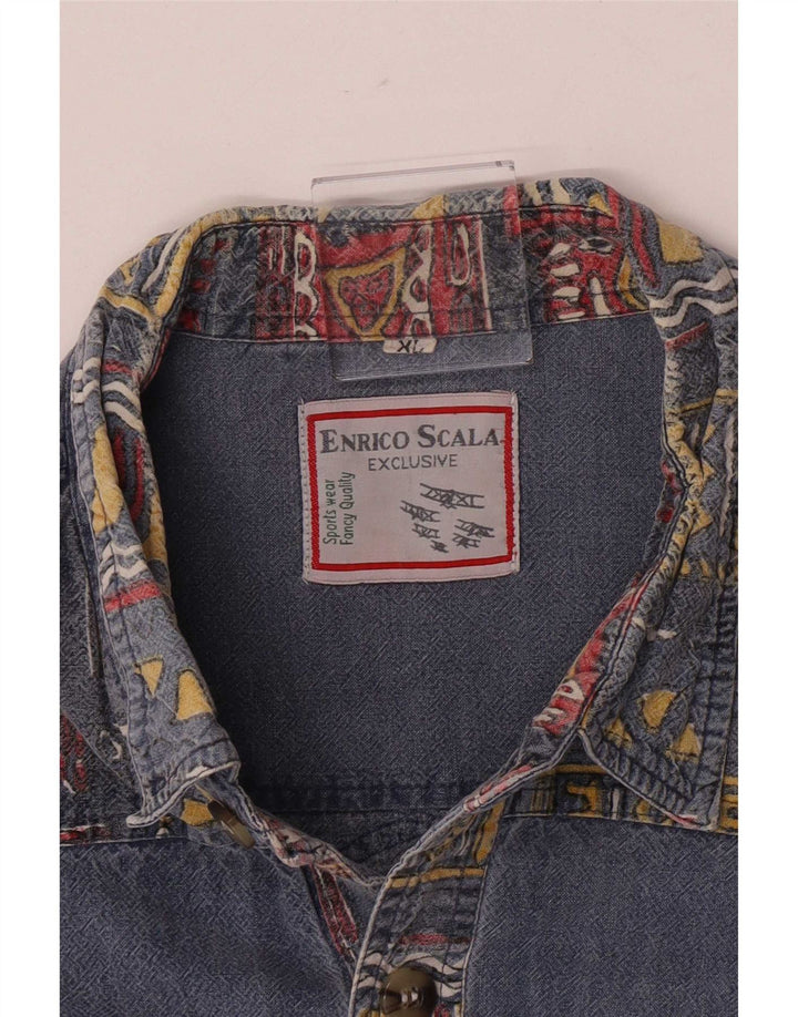 Vintage Mens Short Sleeve Shirt XL Blue Patchwork Retro