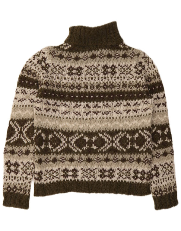 Benetton Womens Roll Neck Jumper Sweater UK 10 Small Khaki Fair Isle