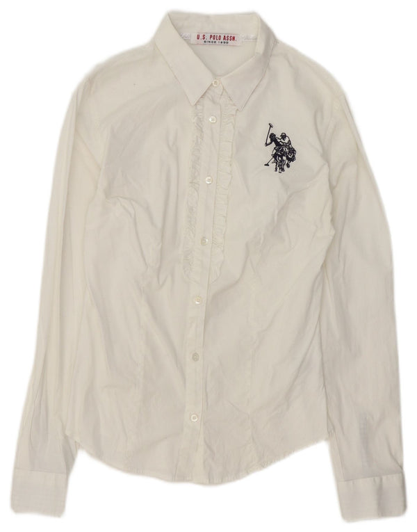 U.S. Polo Assn. Womens Graphic Ruffle Front Shirt UK 10 Small White Cotton