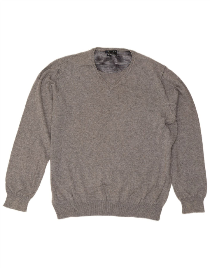 Massimo Dutti Mens V-Neck Jumper Sweater Large Grey Cotton