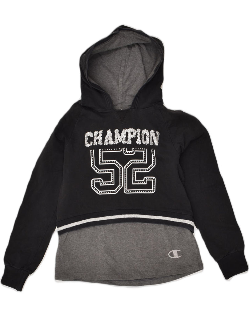 CHAMPION Girls Graphic Hoodie Jumper 9-10 Years Medium Black Colourblock | Vintage Champion | Thrift | Second-Hand Champion | Used Clothing | Messina Hembry 