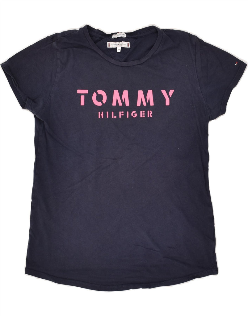 TOMMY HILFIGER Girls Graphic T-Shirt Top 13-14 Years Navy Blue Cotton | Vintage Tommy Hilfiger | Thrift | Second-Hand Tommy Hilfiger | Used Clothing | Messina Hembry 