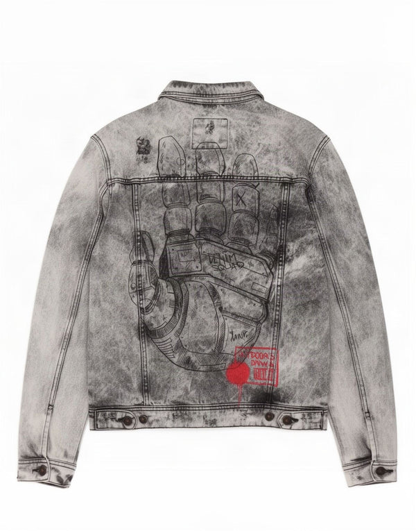 Zara Mens DNWR Graphic Denim Jacket UK 38 Medium Grey Cotton