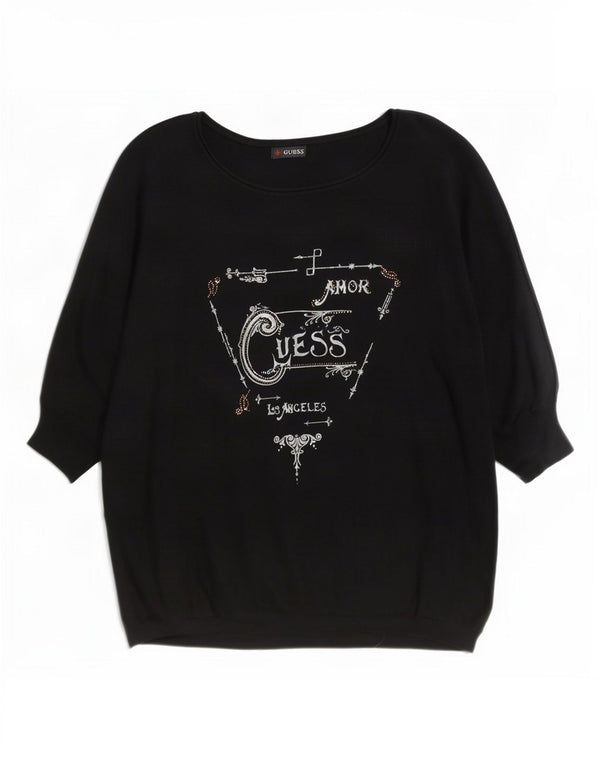 Guess Womens 3/4 Sleeve Boat Neck Jumper Sweater UK 10 Small Black