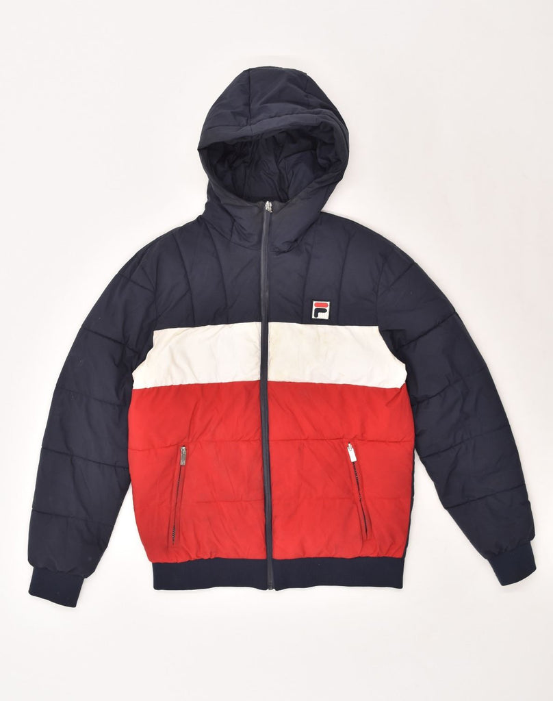 FILA Mens Hooded Padded Jacket UK 36 Small Navy Blue Colourblock Polyester | Vintage Fila | Thrift | Second-Hand Fila | Used Clothing | Messina Hembry 