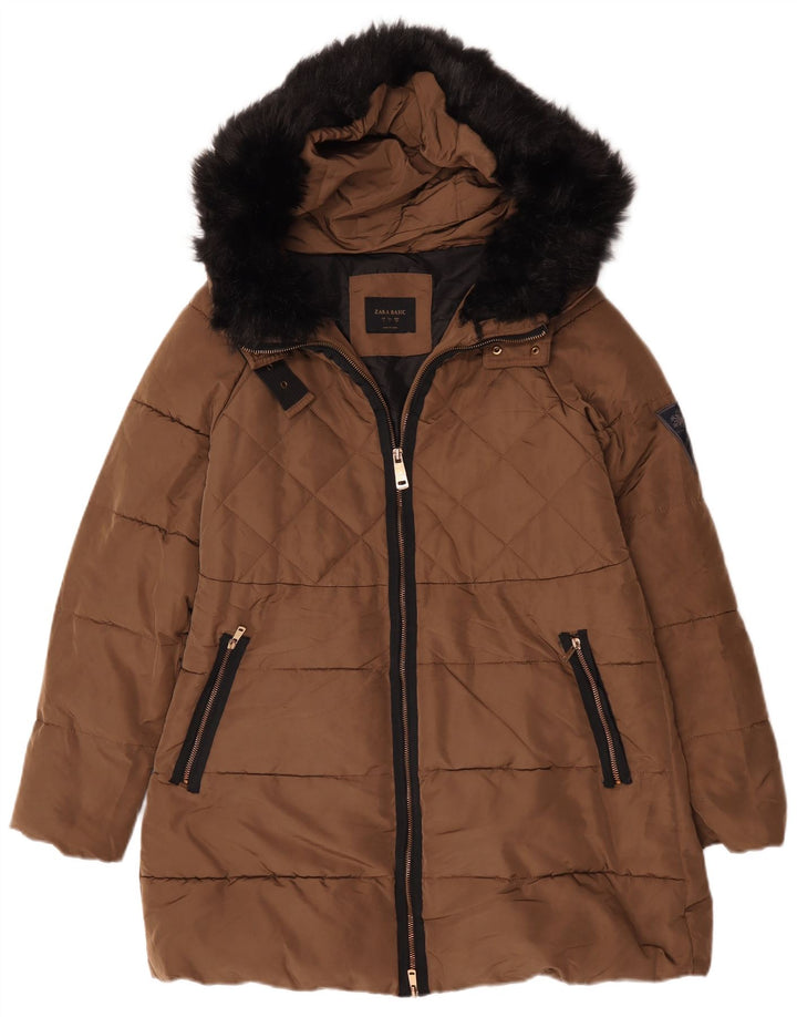Zara Womens Hooded Padded Coat UK 16 Large Brown Polyester
