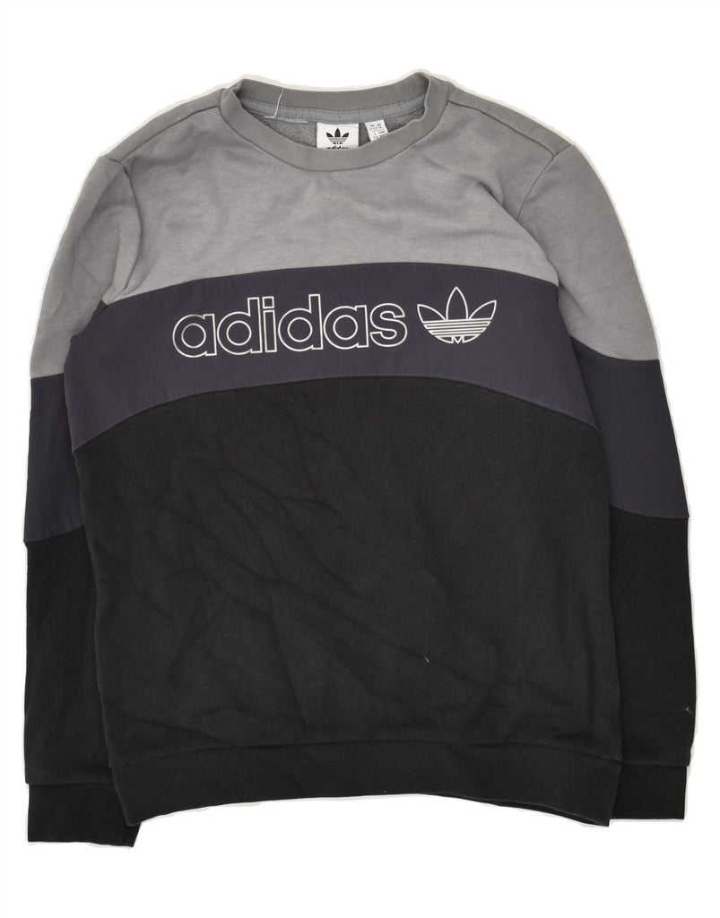 ADIDAS Boys Graphic Sweatshirt Jumper 11-12 Years Grey Colourblock Cotton | Vintage Adidas | Thrift | Second-Hand Adidas | Used Clothing | Messina Hembry 