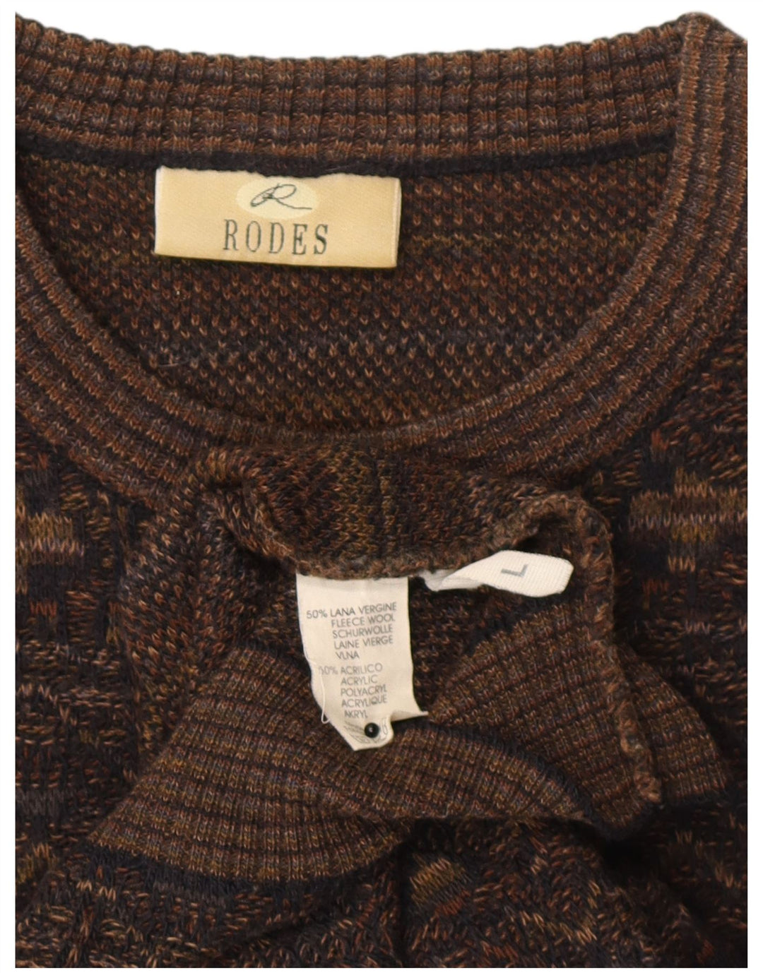 Rodes Mens Crew Neck Jumper Sweater Large Brown Geometric Wool