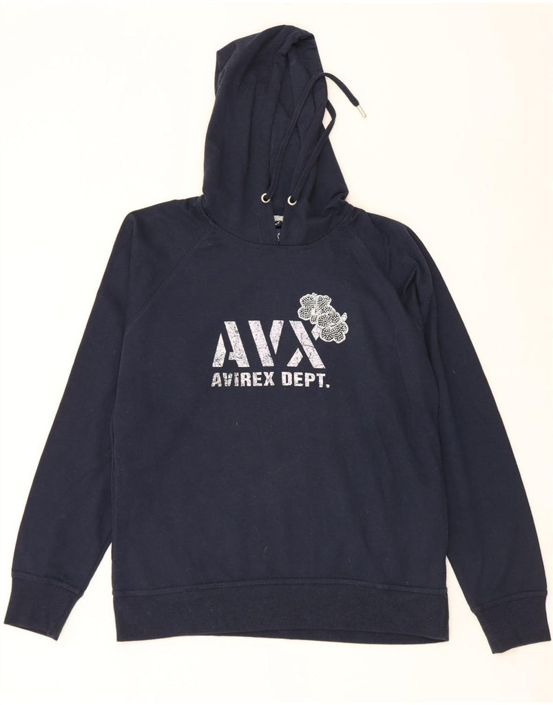 AVIREX Mens Graphic Hoodie Jumper Medium Navy Blue Cotton Vintage Avirex and Second-Hand Avirex from Messina Hembry 