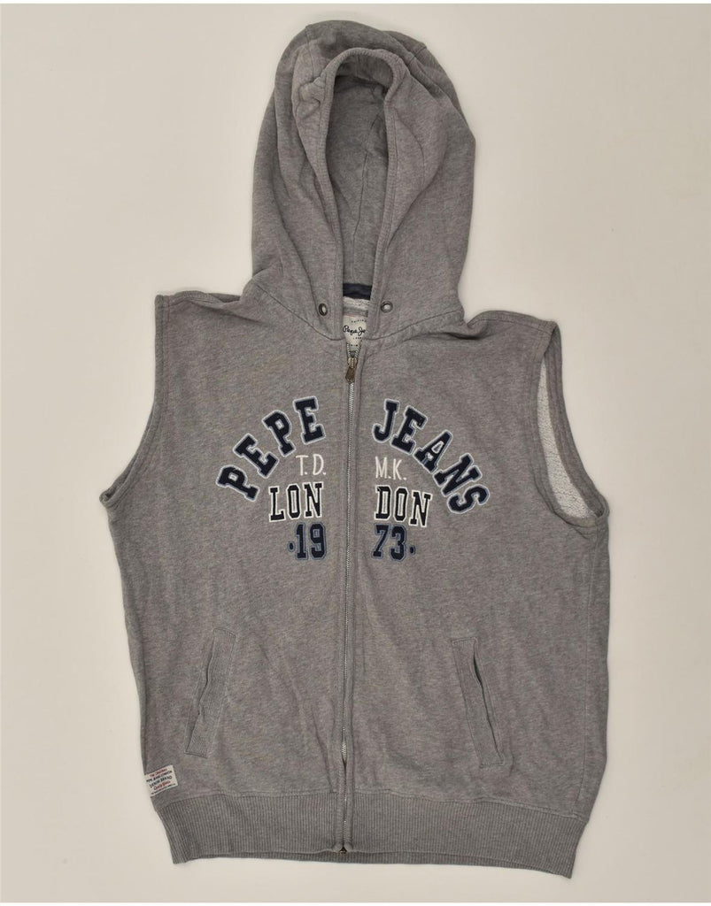 PEPE JEANS Mens Slim Fit Sleeveless Zip Hoodie Sweater Large Grey Cotton | Vintage PEPE Jeans | Thrift | Second-Hand PEPE Jeans | Used Clothing | Messina Hembry 