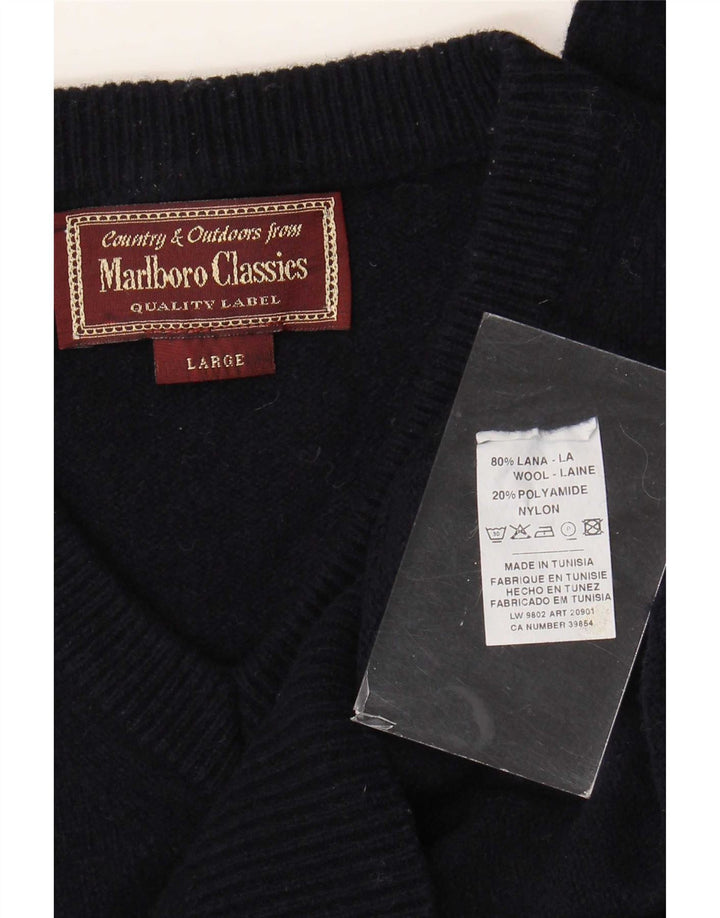 Marlboro Classics Mens V-Neck Jumper Sweater Large Navy Blue Wool