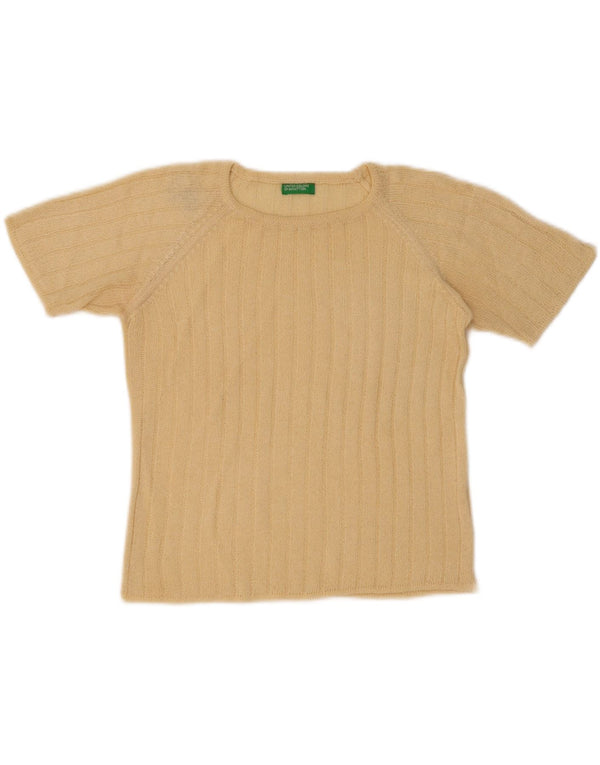 Benetton Womens Short Sleeve Crew Neck Jumper Sweater UK 10 Small Beige