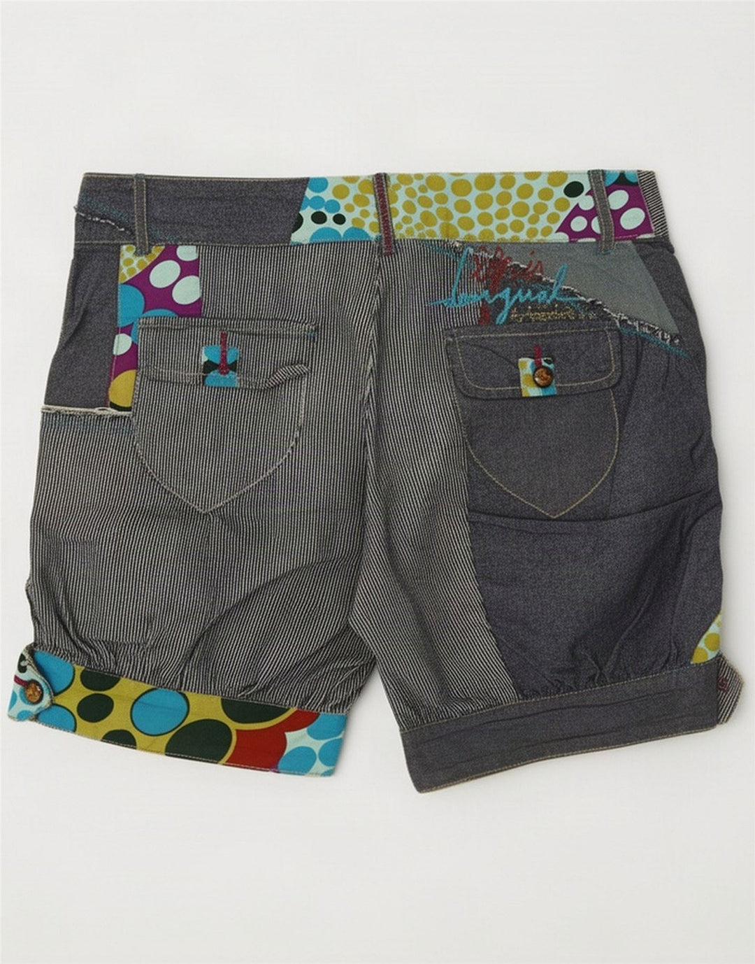 Desigual Womens Regular Shorts EU 36 Small W28 Navy Blue Patchwork Cotton