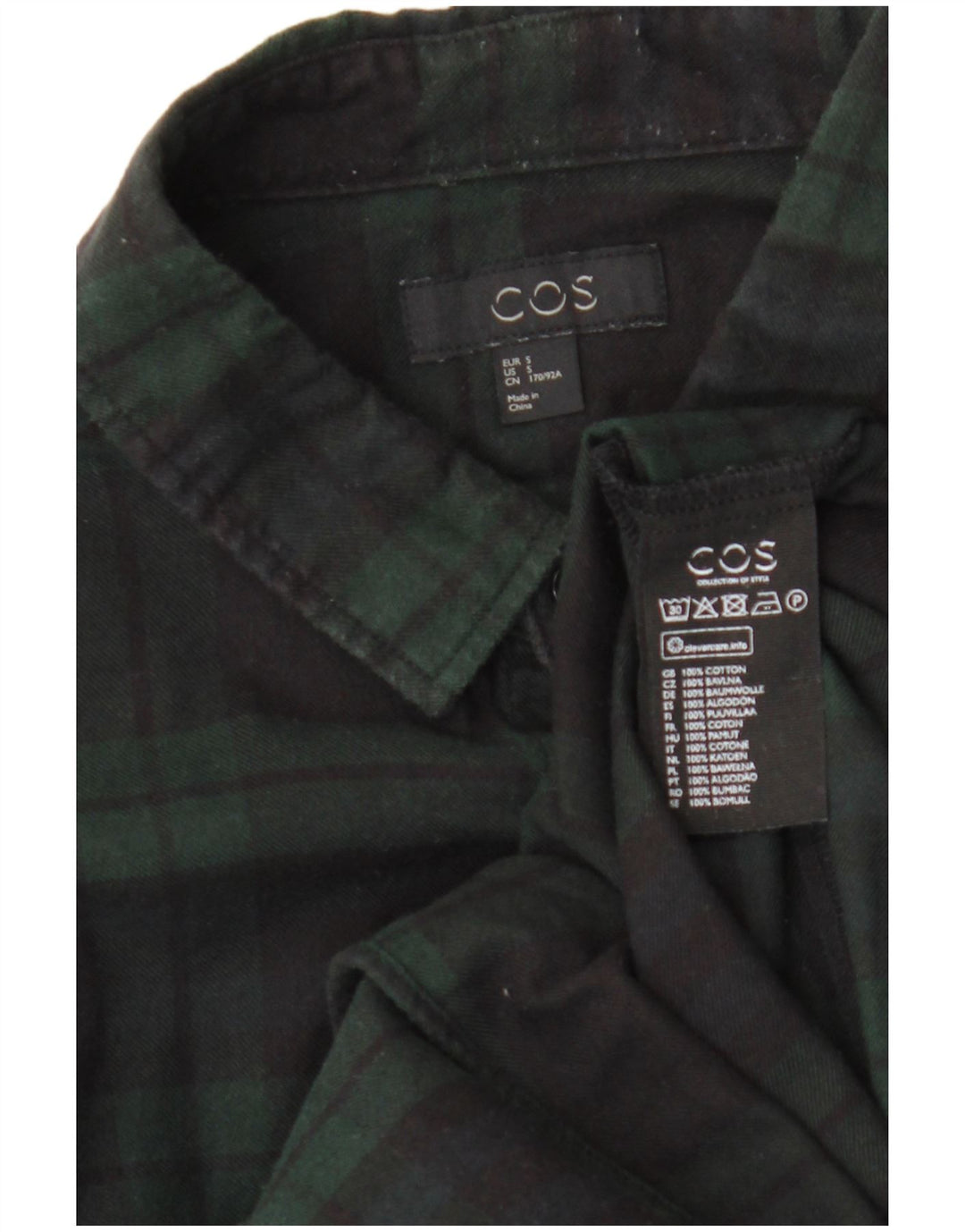 Cos Mens Flannel Shirt Small Green Plaid Cotton