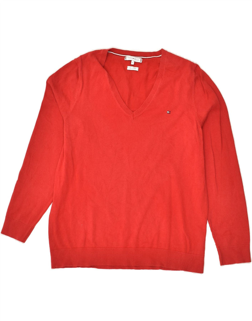 TOMMY HILFIGER Womens V-Neck Jumper Sweater UK 18 XL Red Cotton | Vintage Tommy Hilfiger | Thrift | Second-Hand Tommy Hilfiger | Used Clothing | Messina Hembry 