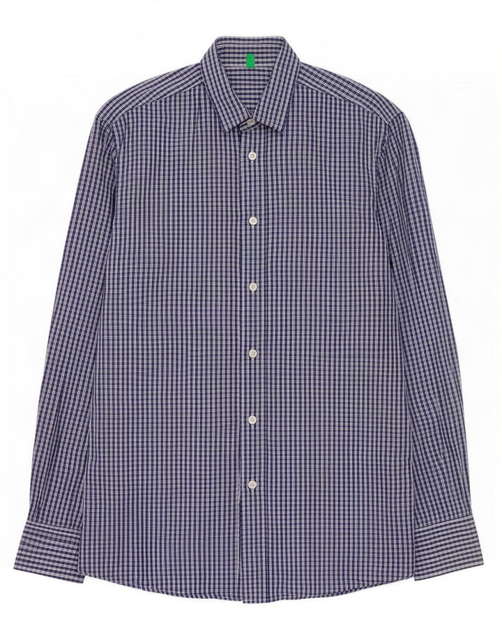 Benetton Mens Shirt Medium Blue Check Cotton