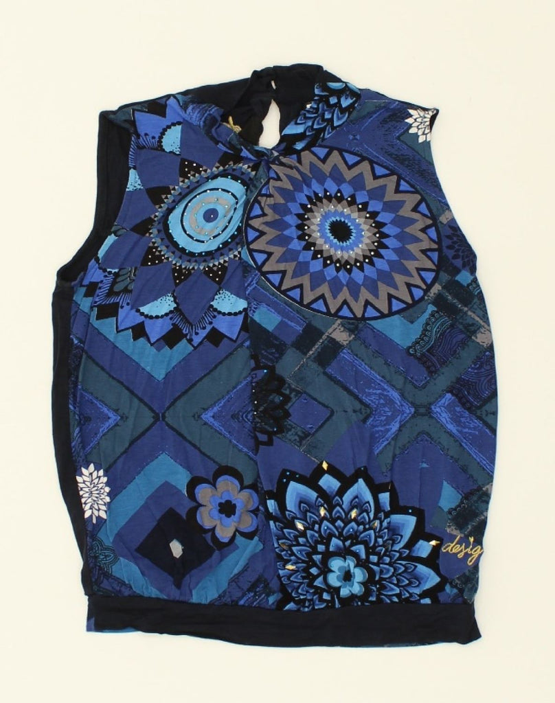 DESIGUAL Womens Sleeveless Blouse Top UK 6 XS Blue Geometric Elastane | Vintage Desigual | Thrift | Second-Hand Desigual | Used Clothing | Messina Hembry 