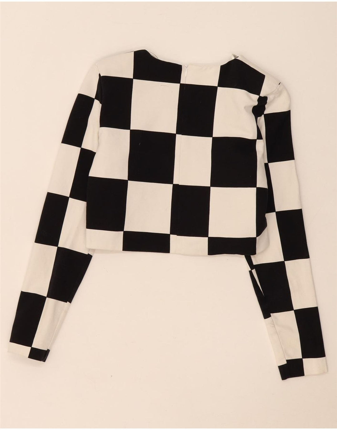 Zara Womens Crop Top Long Sleeve UK 12 Medium Black Geometric Cotton