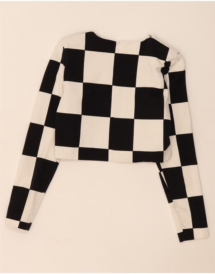 Zara Womens Crop Top Long Sleeve UK 12 Medium Black Geometric Cotton