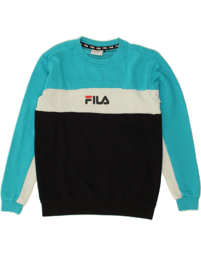 FILA Boys Graphic Sweatshirt Jumper 11-12 Years Black Colourblock Cotton Vintage Fila and Second-Hand Fila from Messina Hembry 