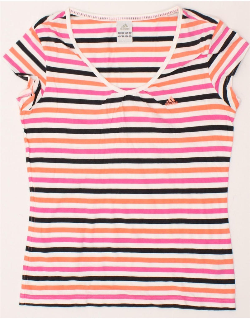 ADIDAS Womens T-Shirt Top UK 14 Medium Pink Striped Cotton Vintage Adidas and Second-Hand Adidas from Messina Hembry 
