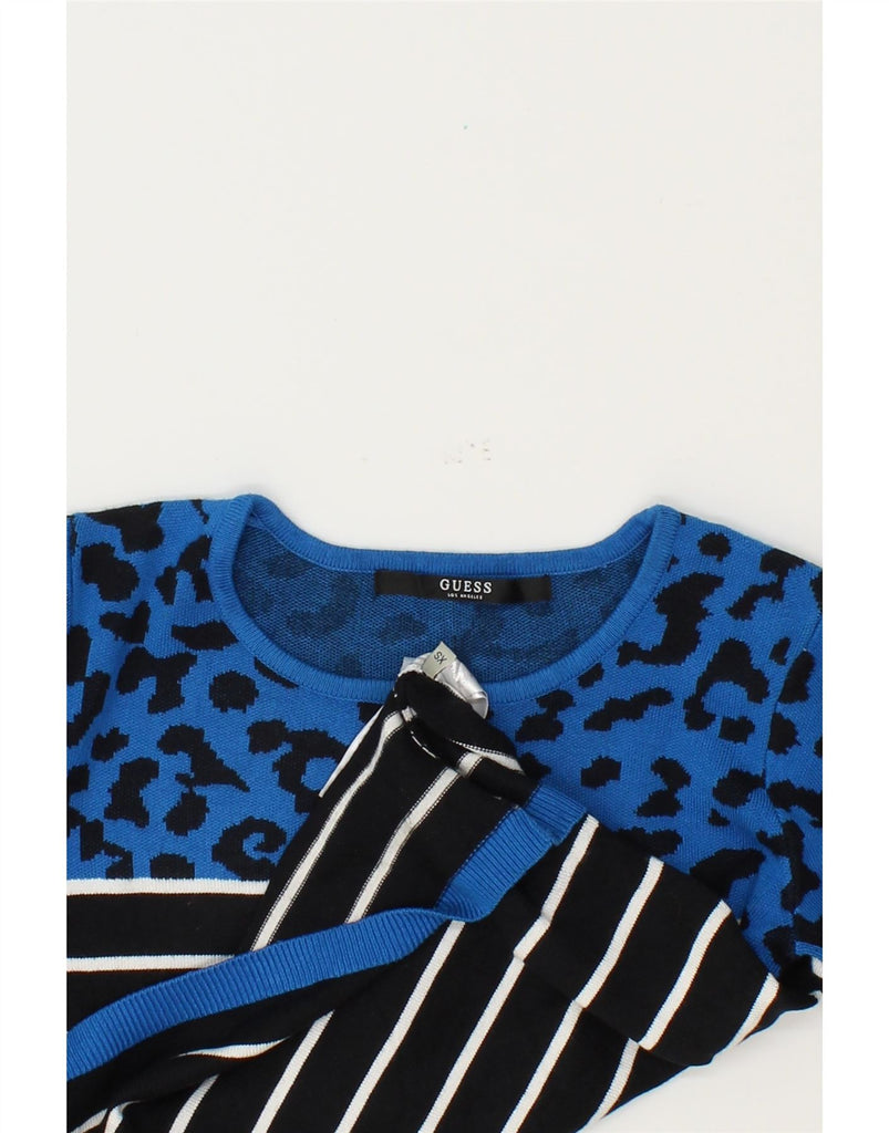 GUESS Womens Crop Boat Neck Jumper Sweater UK 6 XS Blue Striped Viscose Vintage Guess and Second-Hand Guess from Messina Hembry 