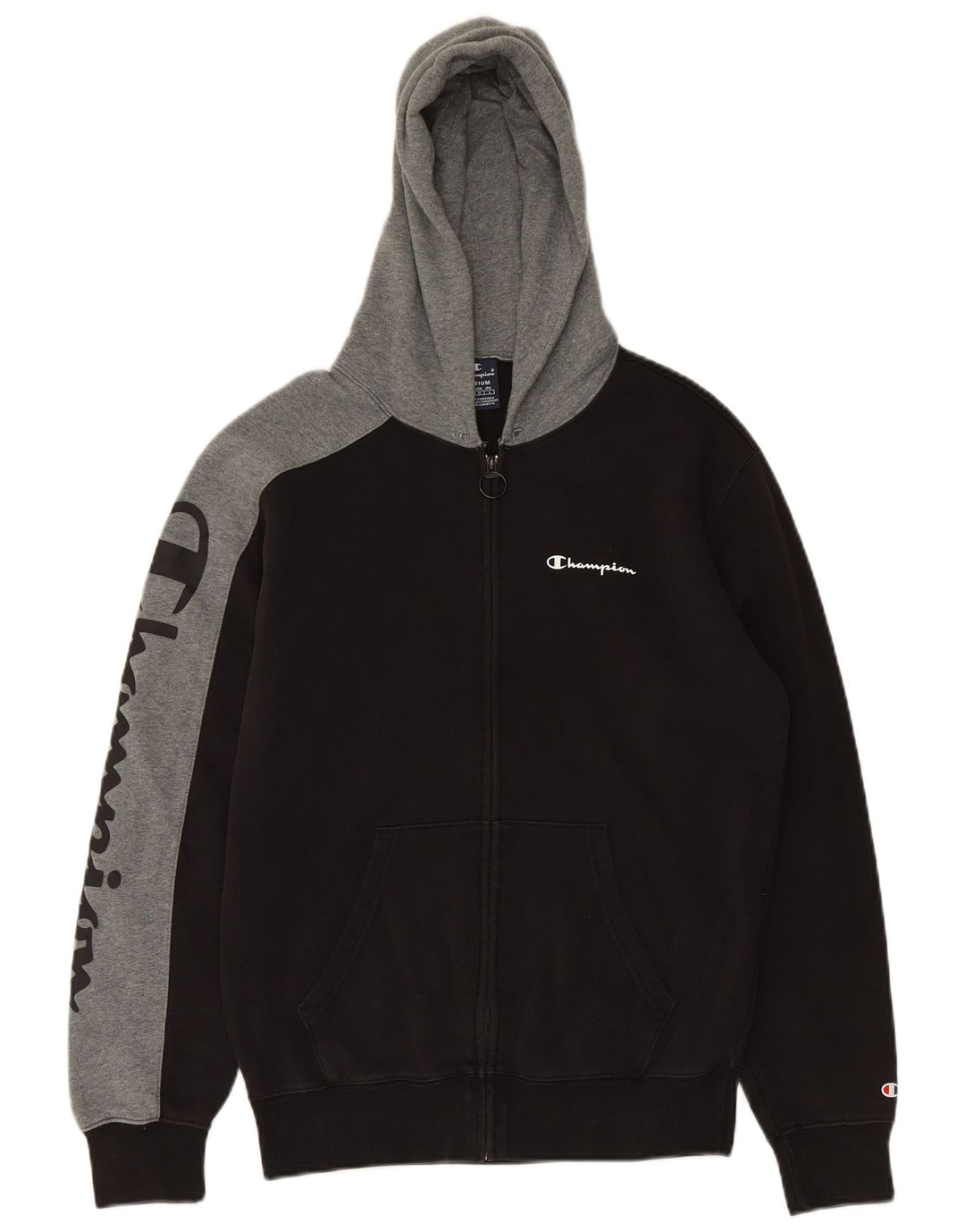 CHAMPION Mens Graphic Zip Hoodie Sweater Medium Black Colourblock Cotton