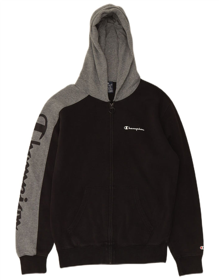 CHAMPION Mens Graphic Zip Hoodie Sweater Medium Black Colourblock Cotton