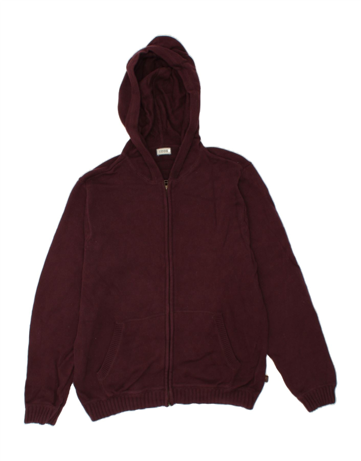 IZOD Mens Hooded Cardigan Sweater Large Maroon Cotton Vintage